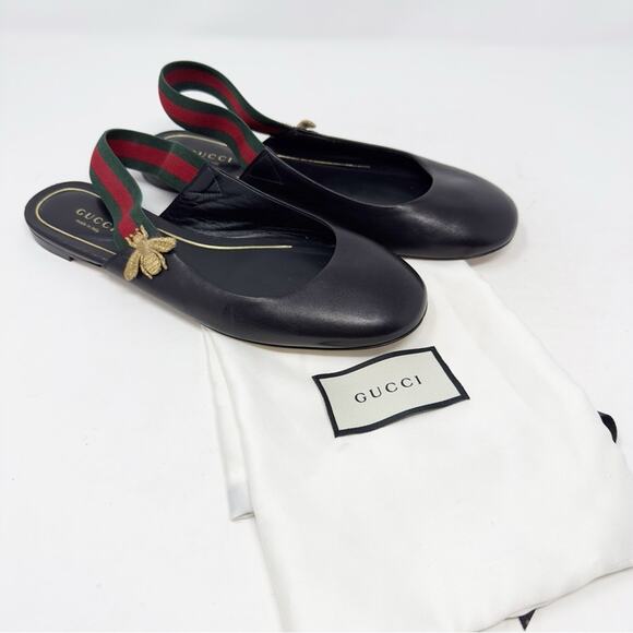 Gucci Bayadere Bee Web Stripe Black Leather Slingback Flats Size 38 - Picture 2 of 9